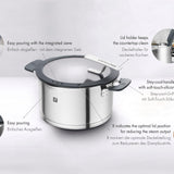 ZWILLING Simplify Kochtopfset, 5-teilig, Mit integriertem Sieb im Deckel, Glasdeckel, Induktionsgeeignet, unbeschichtet, Edelstahl, Silber-Schwarz